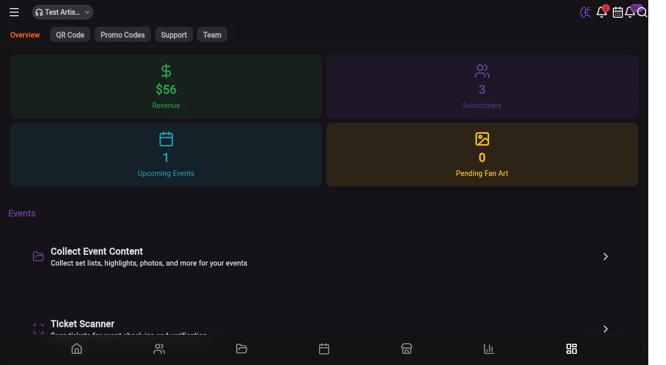 SAZZY.APP dashboard with an overview of an artist’s revenue, subscribers and upcoming events.